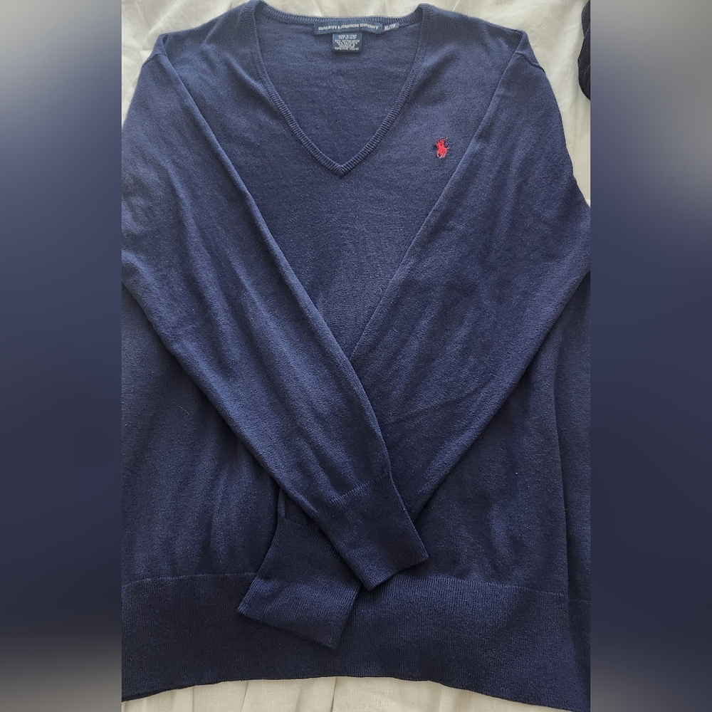 Ralph Lauren Sport Navy V-Neck Cotton Sweater Red PonyX- Large--RALPH - Picture 7 of 7